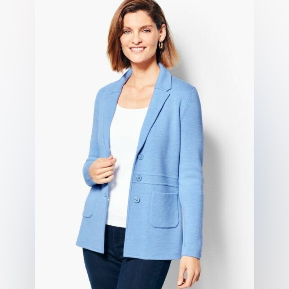 Talbots Career Notched Collar Blue Sweater Jacket Size S Preppy Coastal